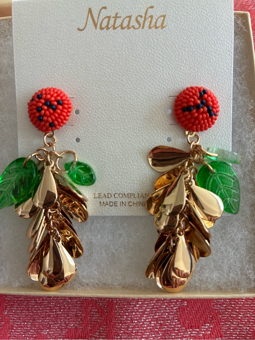 Natasha Couture Red Coral Bead & Gold Leaf Dangle Earrings with Green Accents